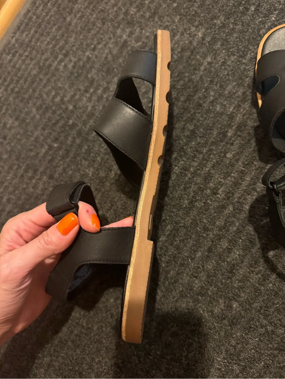 Sorel Black Slide Sandals with Tan Trim